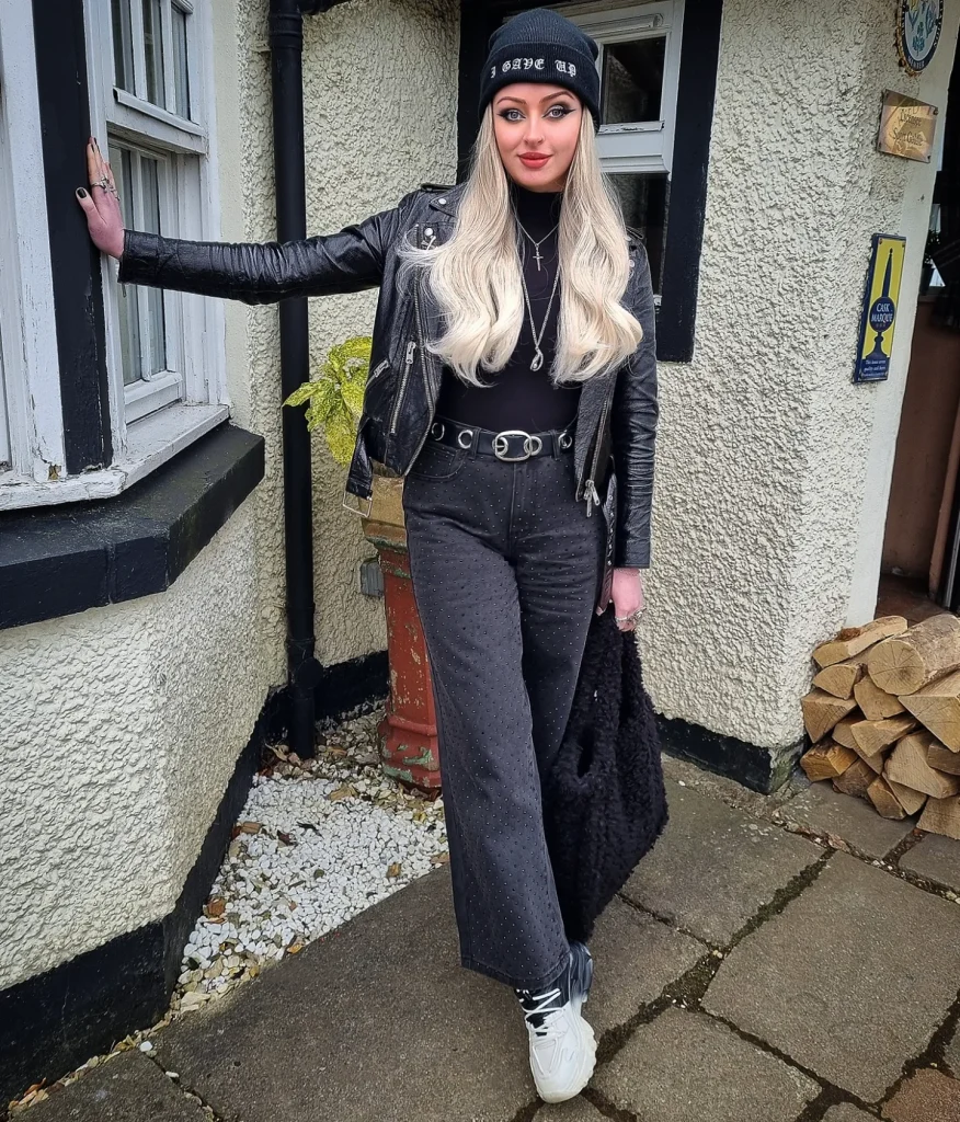 Black Leather Jacket + Rhinestone Embellished Jeans + Graphic Beanie