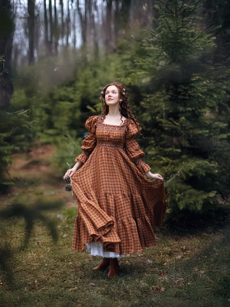  Plaid Smocked Gown + Lace Petticoat + Leather Lace-Up Boots