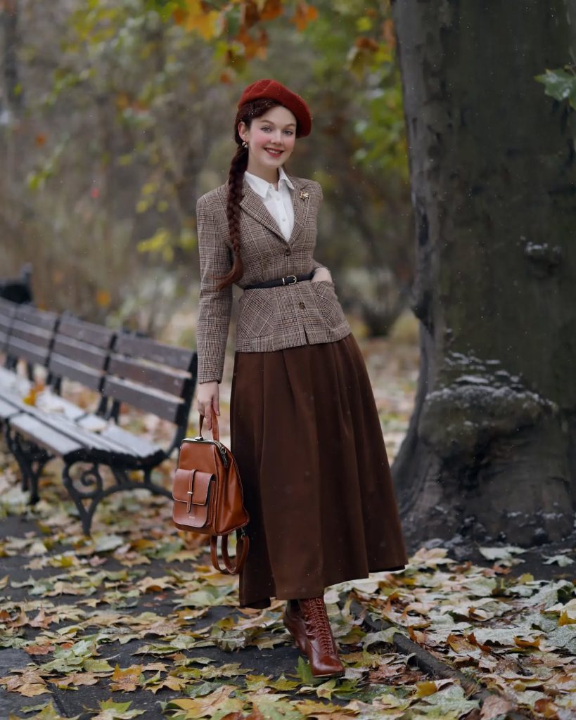 Brown Plaid Blazer + A-Line Maxi Skirt + Red Beret
