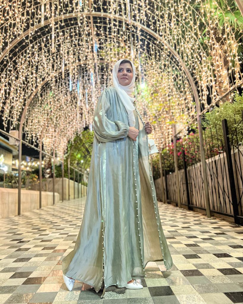 Sage Shimmer Abaya + White Hijab + White Pointed Flats