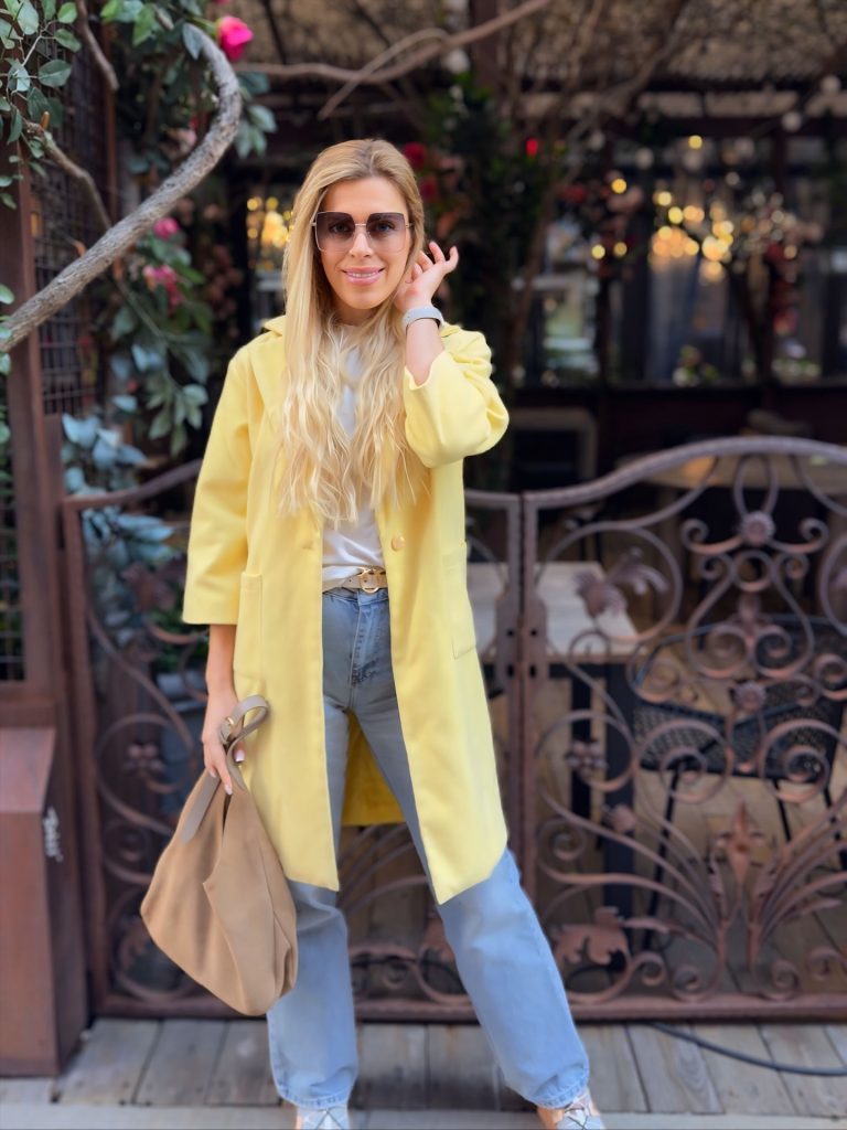 Yellow Mid-Length Coat + White T-Shirt + Light Blue Jeans