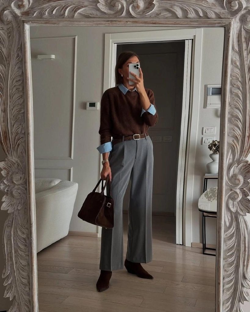 Chocolate Brown Sweater + Blue Oxford Shirt + Grey Wide-Leg Pants