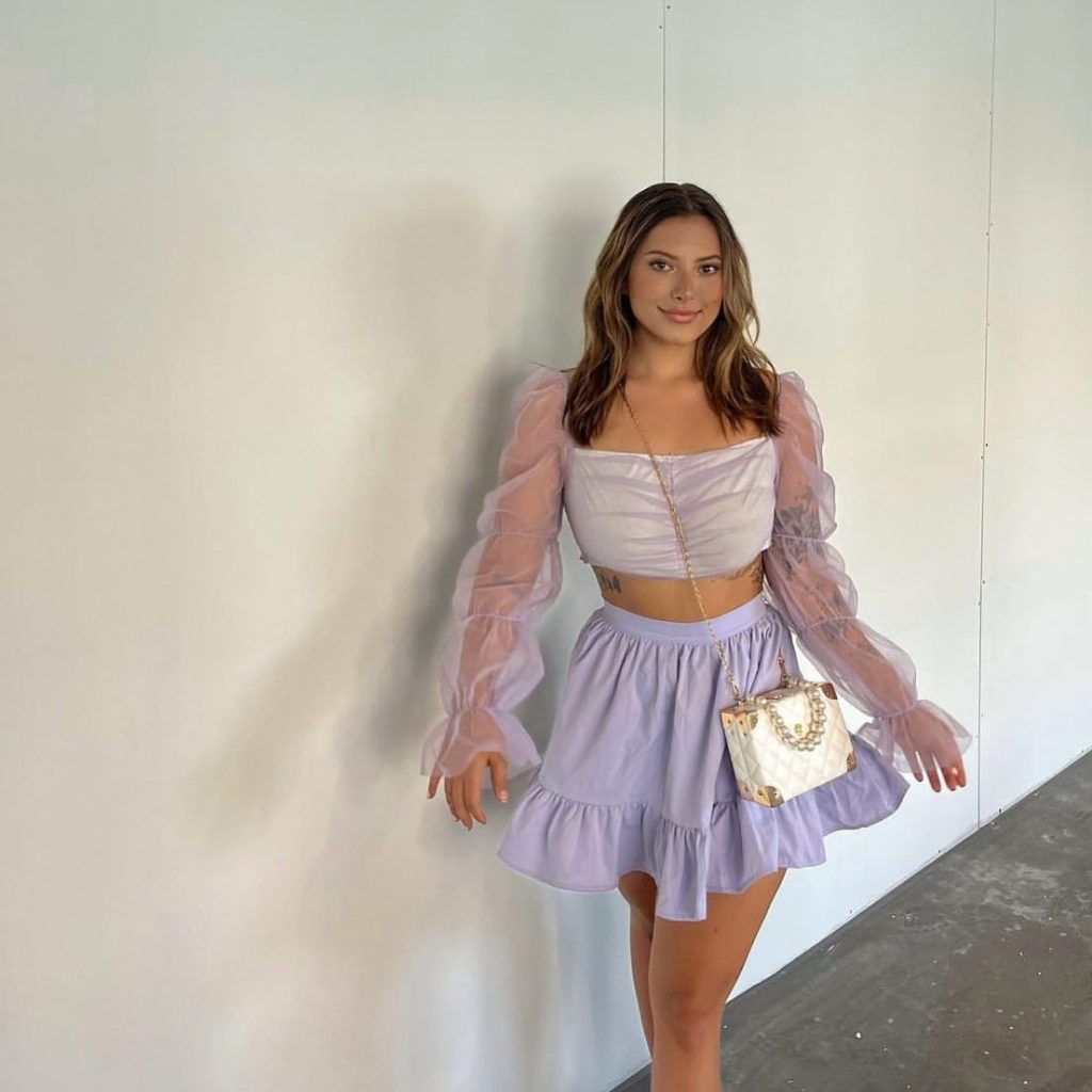 Lavender Ruched Crop Top + Ruffle Mini Skirt + Pearl Box Bag