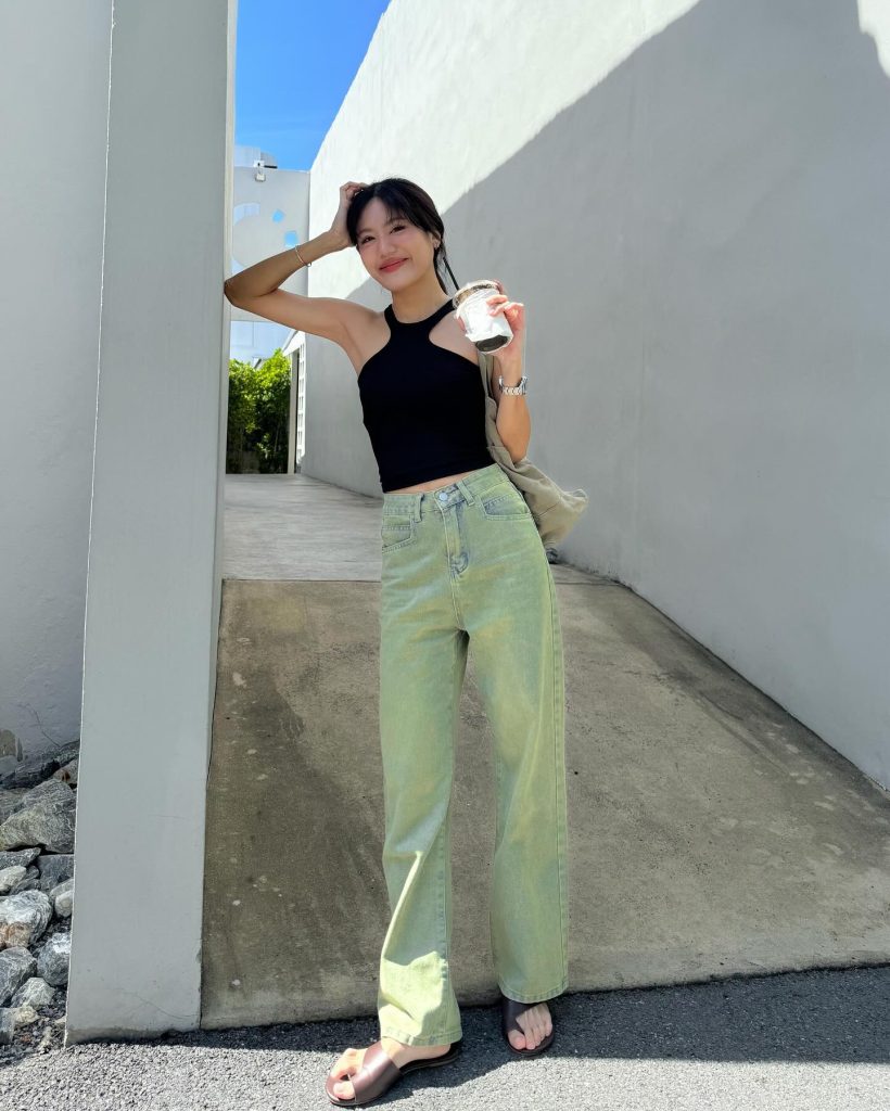 Black Halter Crop Top + Sage Green Jeans + Leather Slides