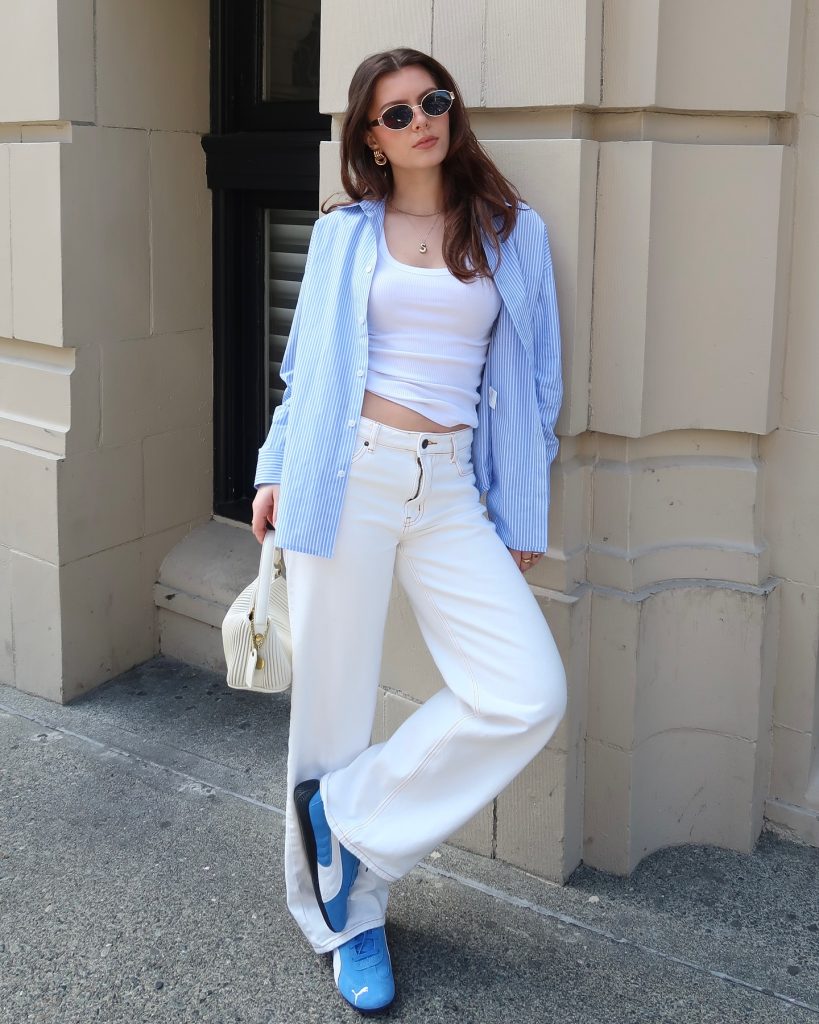 Blue Striped Shirt + White Tank Top + Wide-Leg Jeans