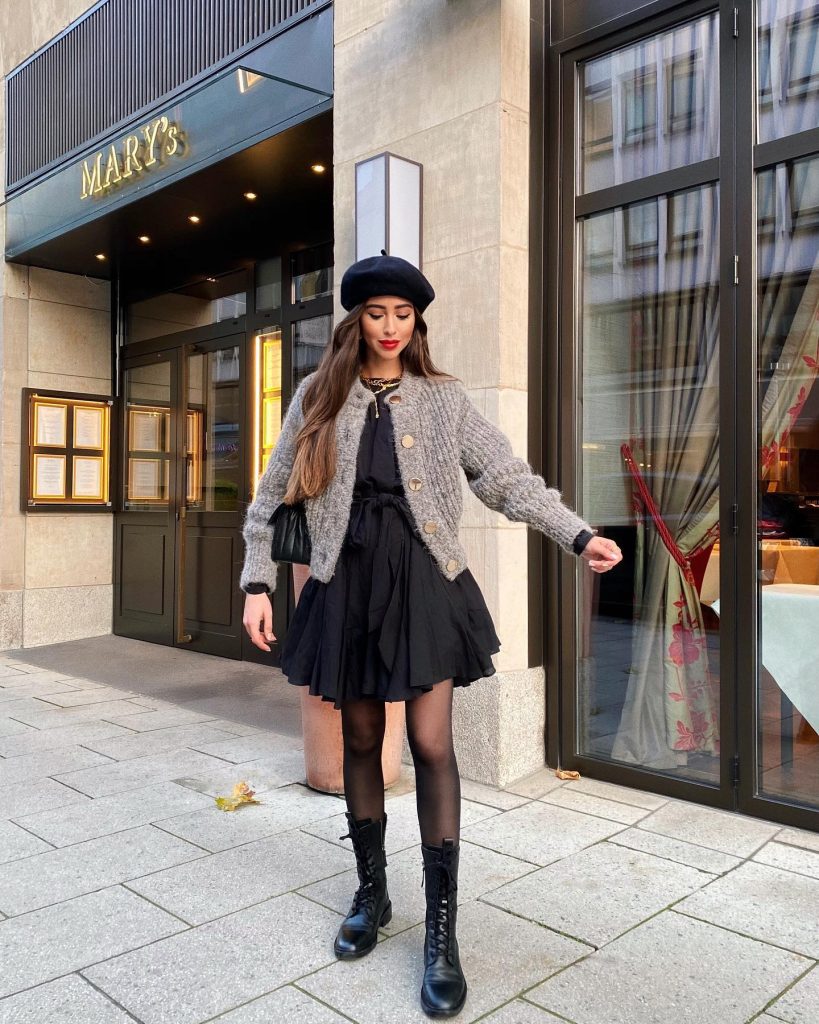 Grey Textured Cardigan + Black Mini Dress + Beret
