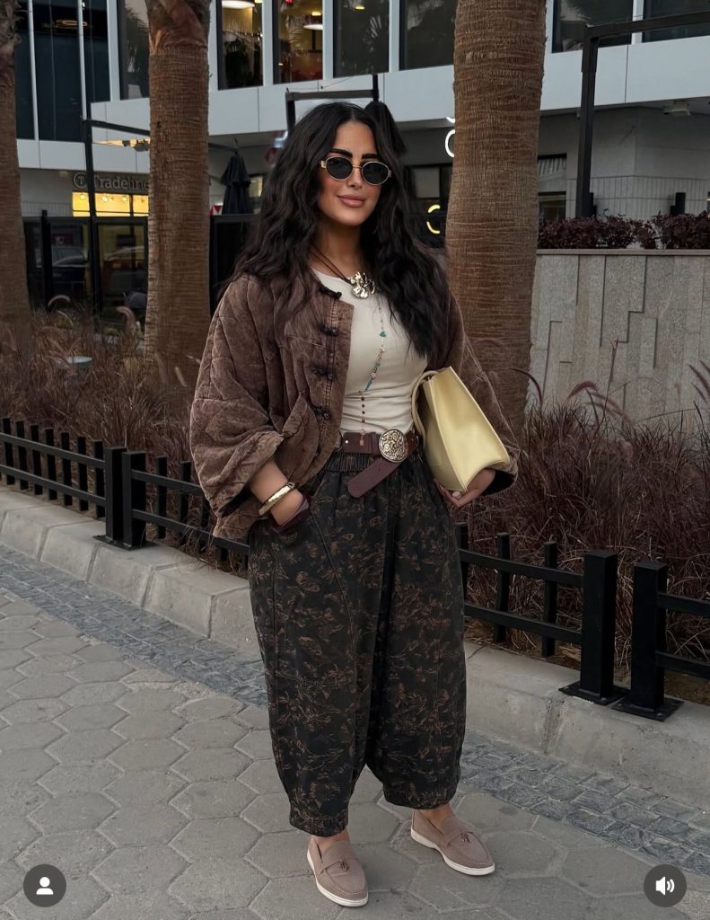 Brown Quilted Jacket + Beige Bodysuit + Patterned Barrel Pants