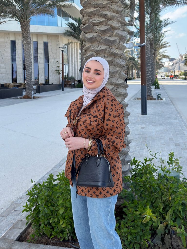 Monogram Utility Jacket + Light Wash Jeans + Grey Hijab