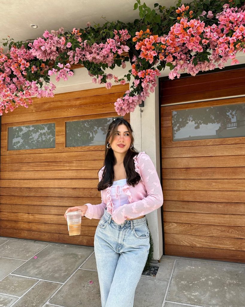 Pink Ruffle Cardigan + White Tie-Front Top + Light Wash Jeans