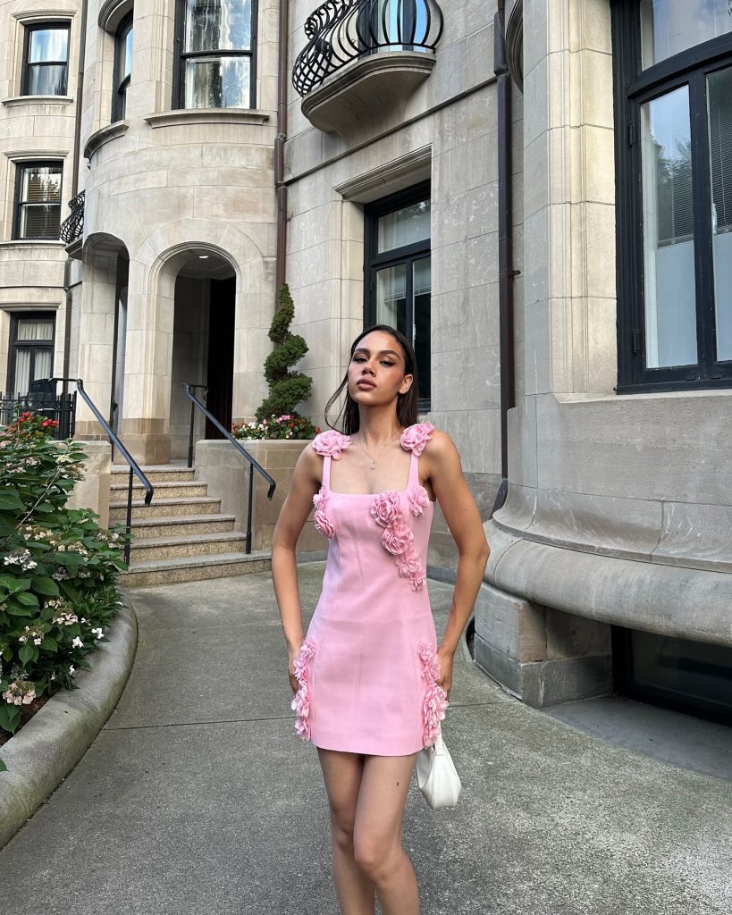 Pink Floral-Appliqué Mini Dress + White Mini Bag + Gold Pendant