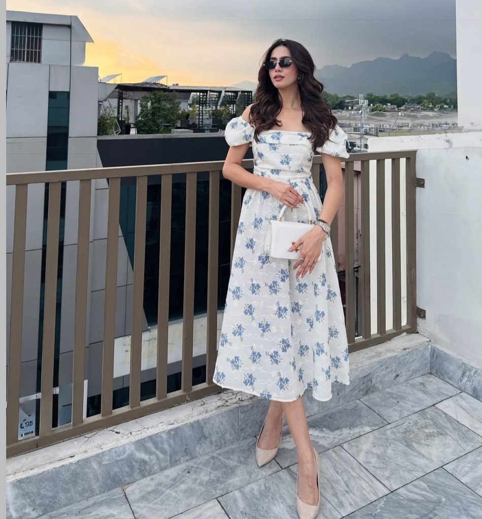 Blue Floral Midi Dress + White Top-Handle Bag