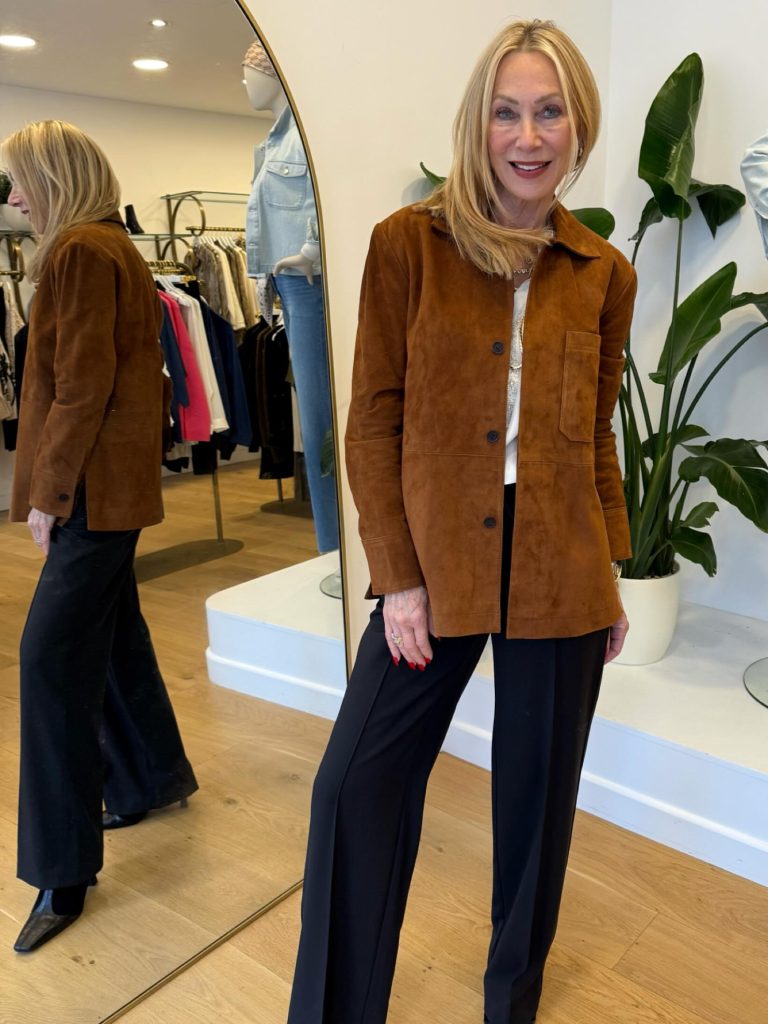 Cognac Suede Jacket + White Silk Blouse + Black Tailored Trousers