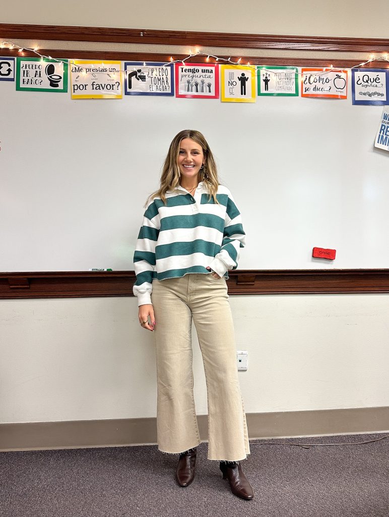 Green Striped Rugby Shirt + Cream Wide-Leg Jeans + Brown Pointed Boots