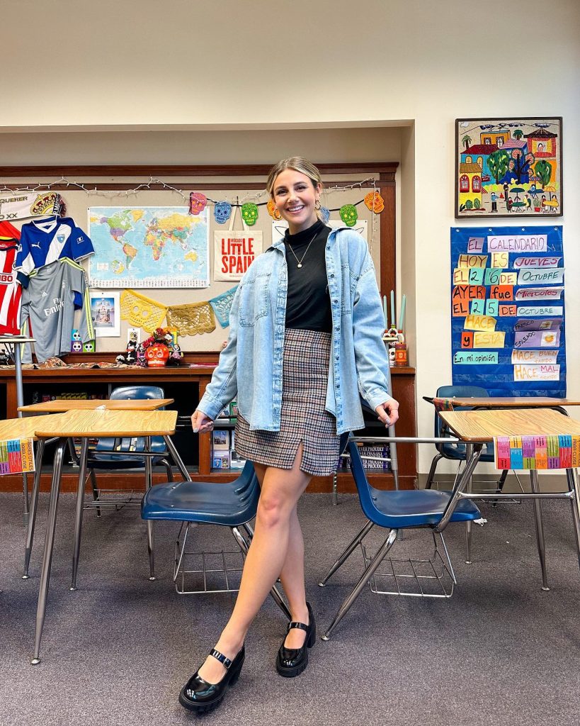Light Wash Denim Shirt + Plaid Mini Skirt + Black Mary Janes