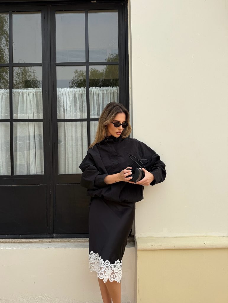 Black Windbreaker + Lace-Trim Slip Skirt