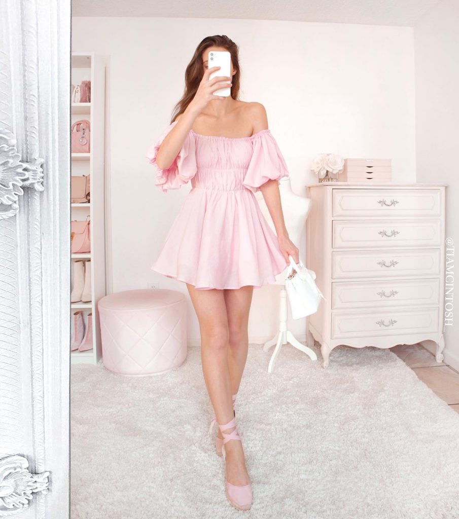 Pink Off-the-Shoulder Mini Dress + Lace-up Espadrilles + Mini Handbag