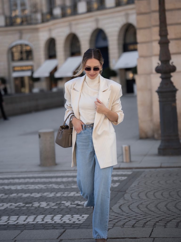 Cream Pinstripe Blazer + Turtleneck Top + Light Wash Jeans