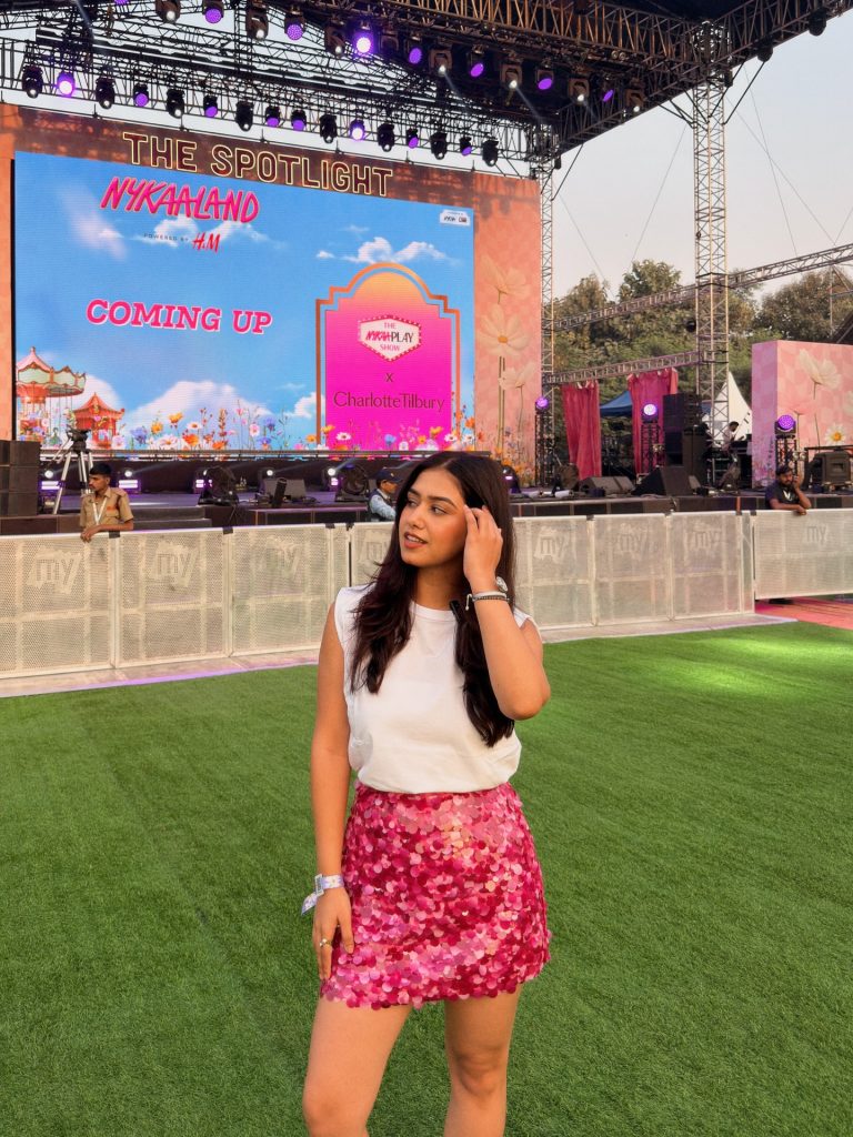 Pink Sequin Mini Skirt + White Muscle Tee + Silver Jewelry