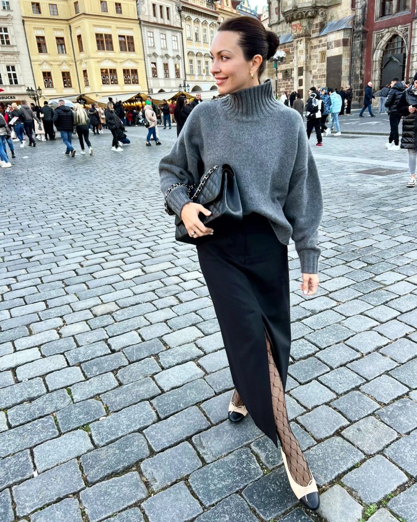 Charcoal Turtleneck Sweater + Front-Slit Maxi Skirt + Patterned Tights
