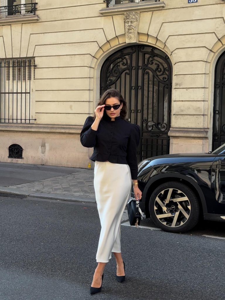 Black Puff-Sleeve Blouse + Satin Midi Skirt + Pointed Pumps