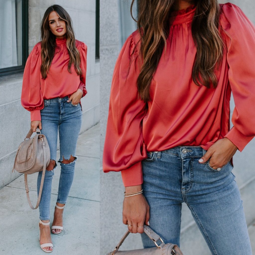  Coral Satin Blouse + Distressed Skinny Jeans + Strappy Sandals