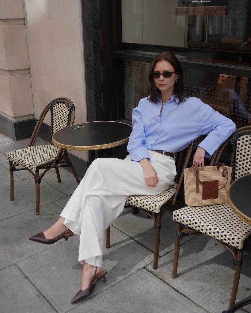 Light Blue Button-Down + White Flowy Trousers + Pointed Slingbacks