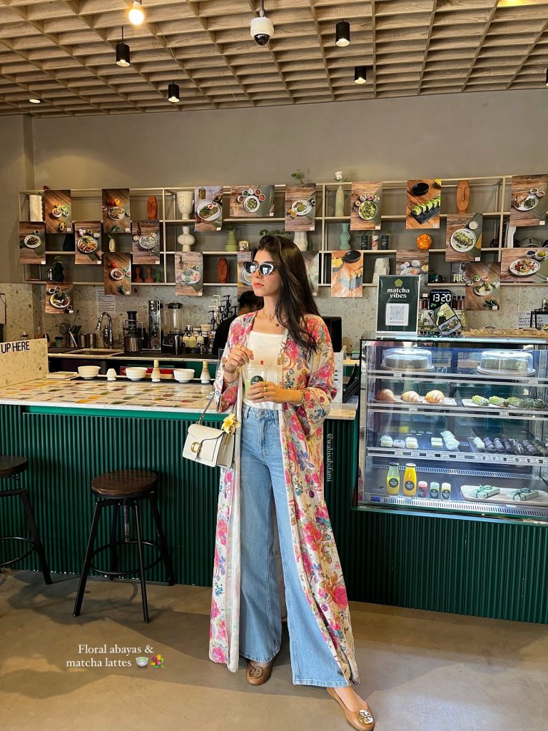 Floral Abaya + White Ribbed Top + Wide-Leg Jeans