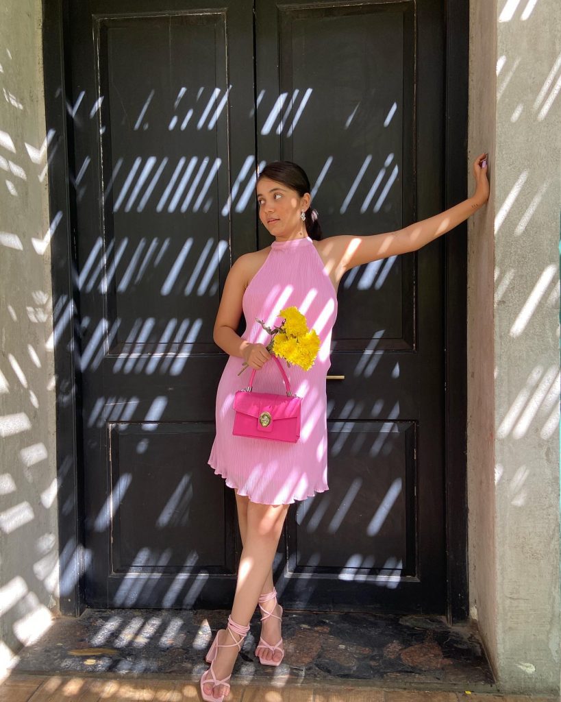 Pink Halter Mini Dress + Strappy Heels + Hot Pink Handbag