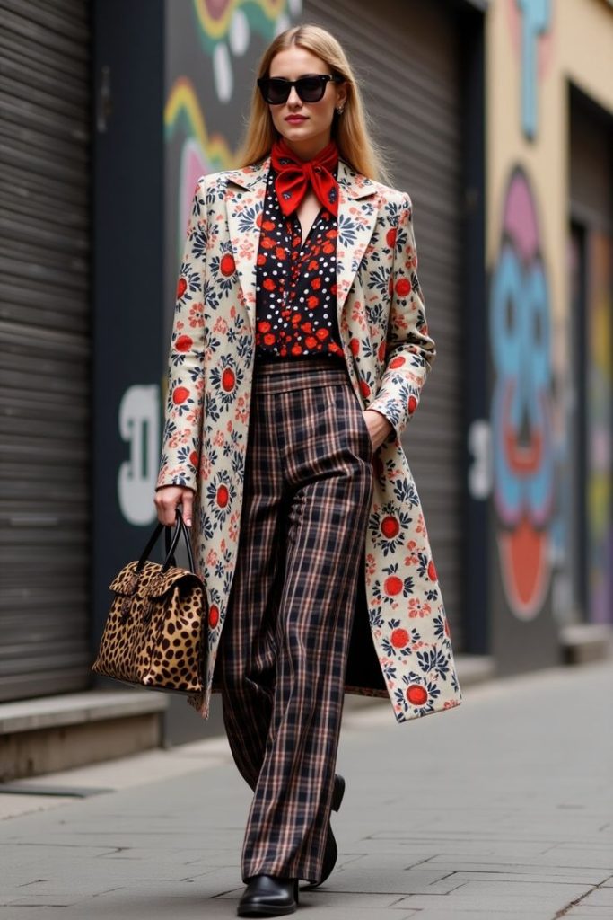 Floral Cream Coat + Red Neck Scarf + Brown Plaid Pants