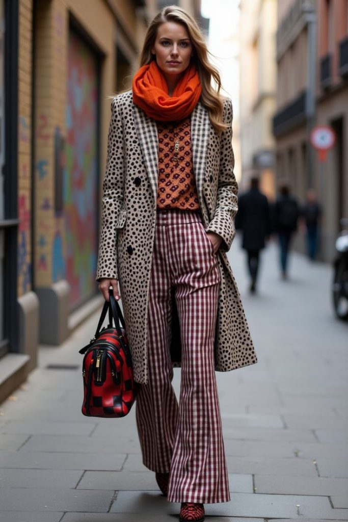 Tan Leopard Coat + Orange Scarf + Red Gingham Pants