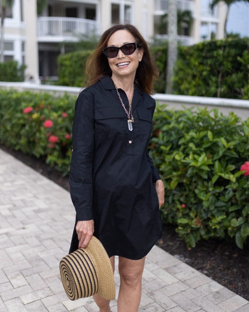 Black Shirt Dress + Crystal Pendant + Woven Sun Hat