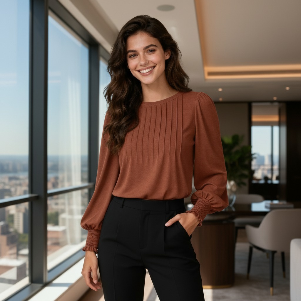 Rust Pleated Blouse + Black High-Waisted Pants