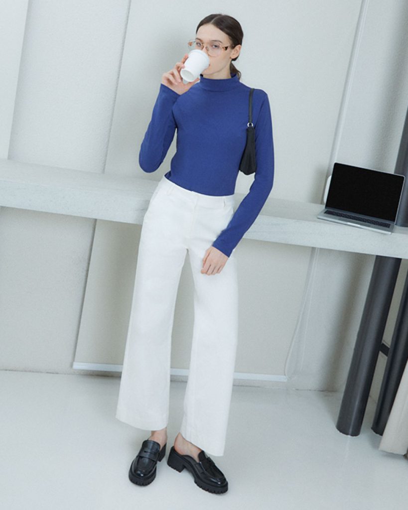Blue Turtleneck + White Wide Leg Pants + Black Loafers