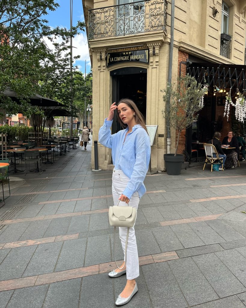  Light Blue Linen Shirt + White Denim + Silver Ballet Flats