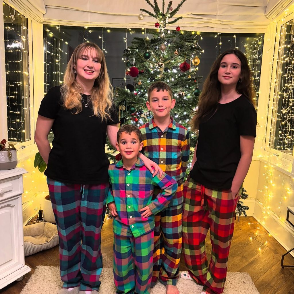 Multicolor Plaid Pajamas + Black T-Shirt + Christmas Tree Decor
