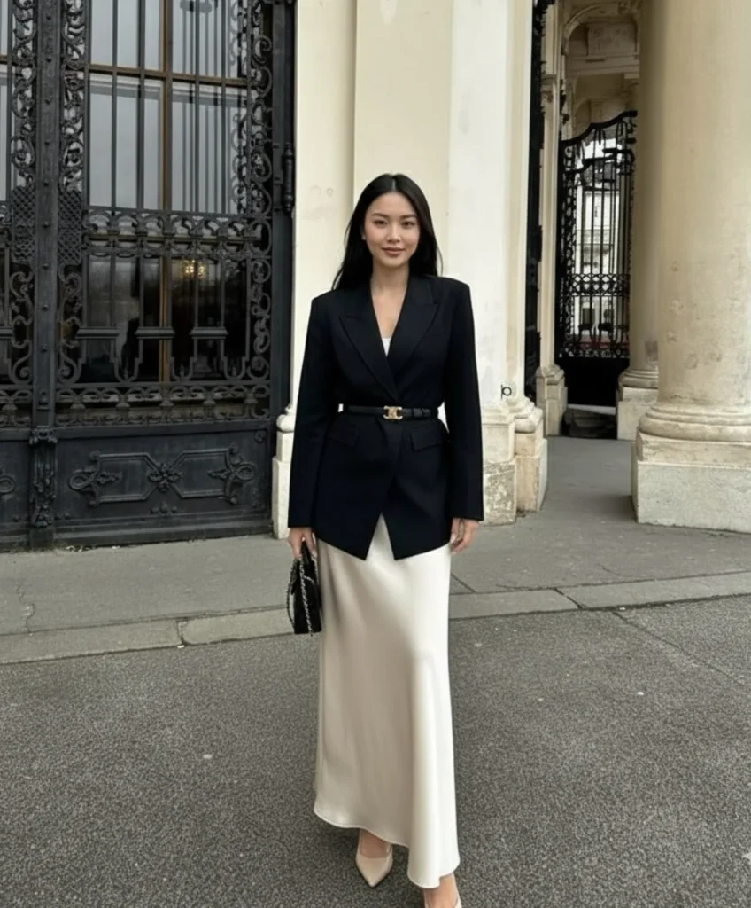 Black Cinched Blazer + Cream Satin Maxi Skirt + Pointed Heels
