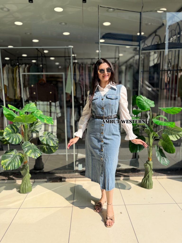 Denim Midi Pinafore Dress + White Puff-Sleeve Shirt