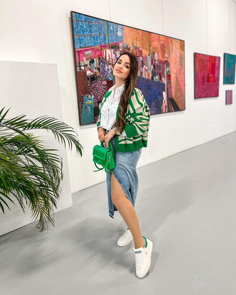 Green Striped Cardigan + White Button-Down + Denim Maxi Skirt