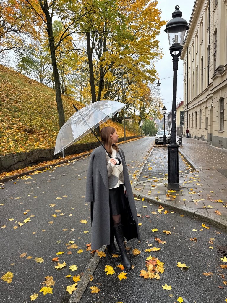 Grey Overcoat + Argyle Sweater + Clear Umbrella