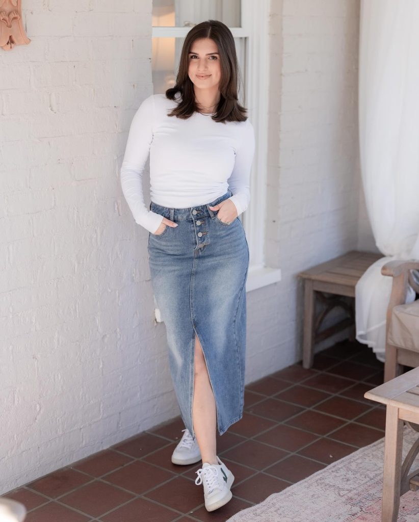 White Long-Sleeve Tee + Denim Button-Front Skirt + White Sneakers