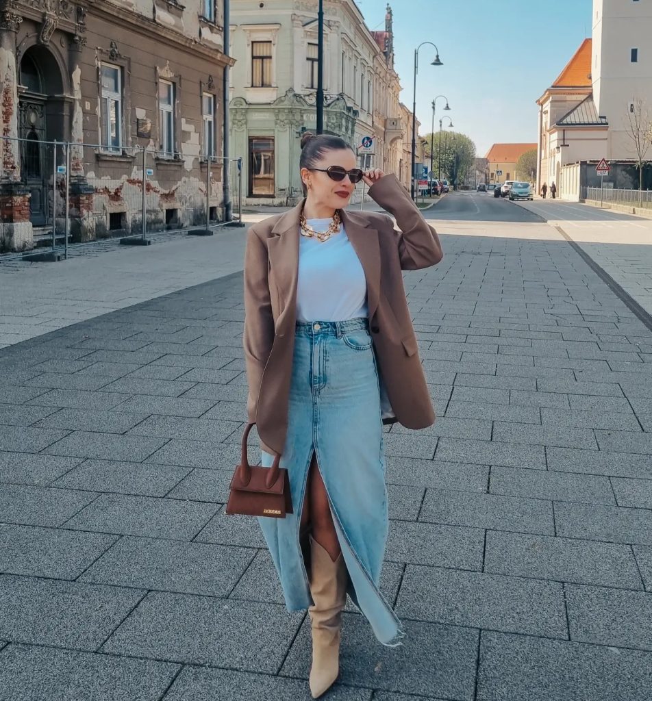 Taupe Blazer + Denim Maxi Skirt + Suede Boots