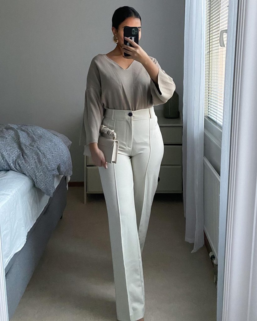 Taupe V-Neck Knit + Off-White Trousers + Gold Earrings