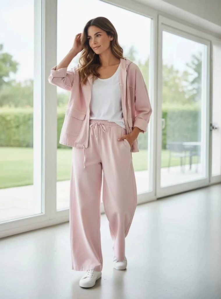 Pastel Pink Lounge Set + White Tank Top + White Sneakers