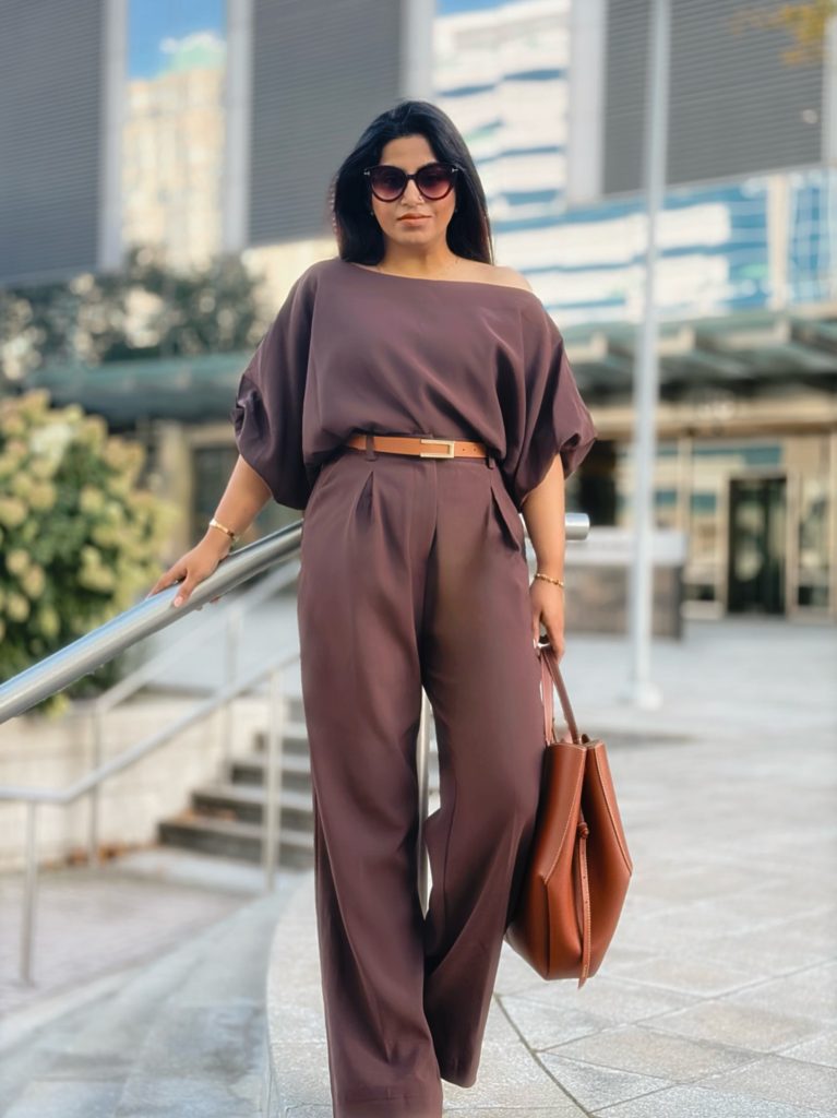 Chocolate Brown Off-Shoulder Top + Wide-Leg Trousers