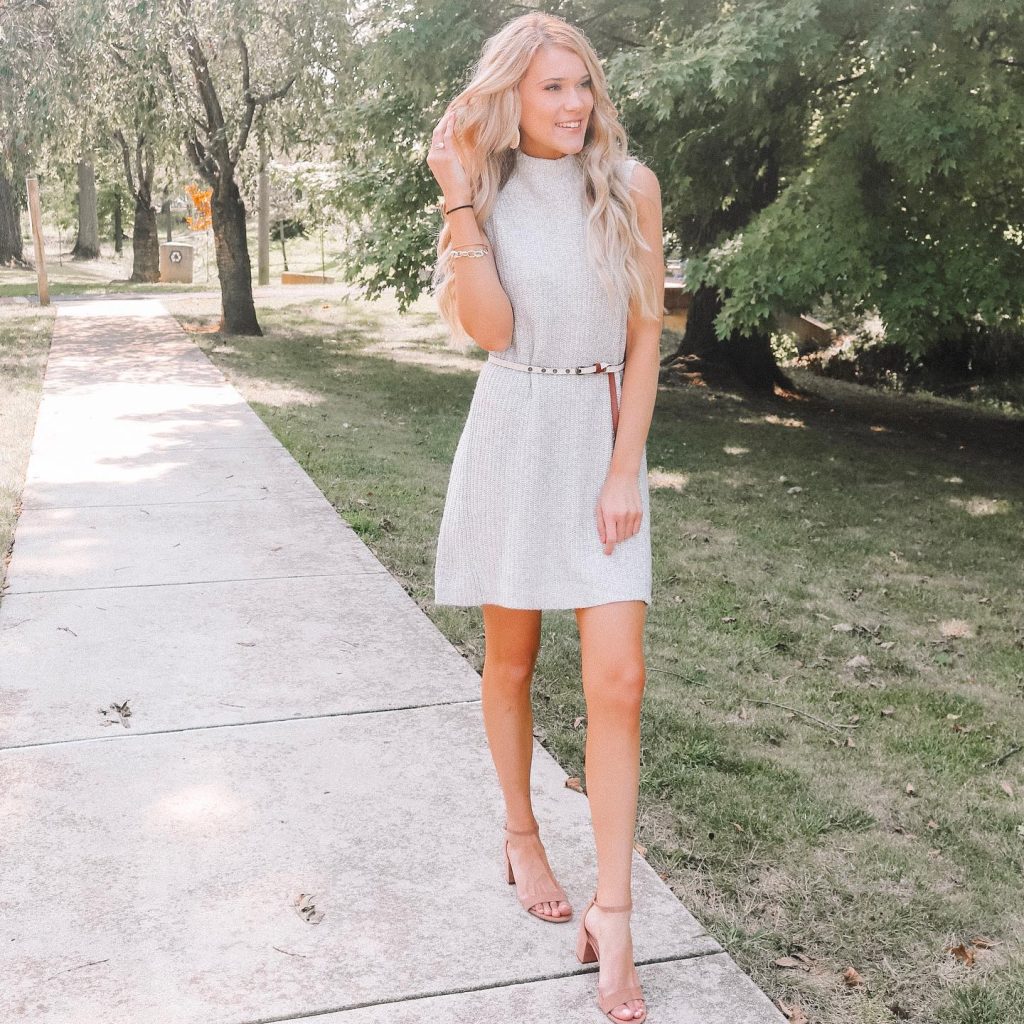 Grey Knit Dress + Skinny Belt + Nude Heeled Sandals
