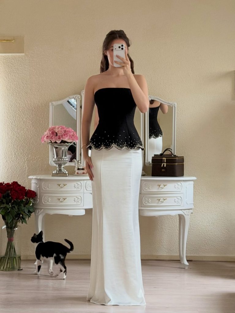 Black Peplum Corset + White Maxi Skirt + Embellished Hem