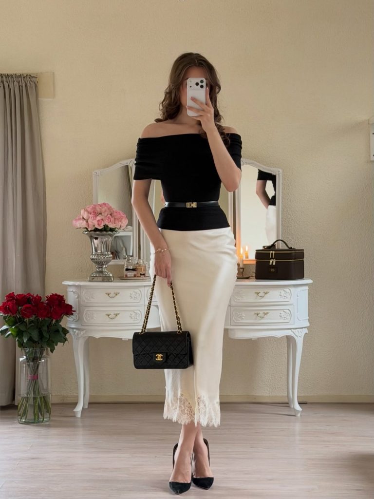 Black Off-the-Shoulder Knit + Satin Lace-Trim Skirt + Chain Handbag