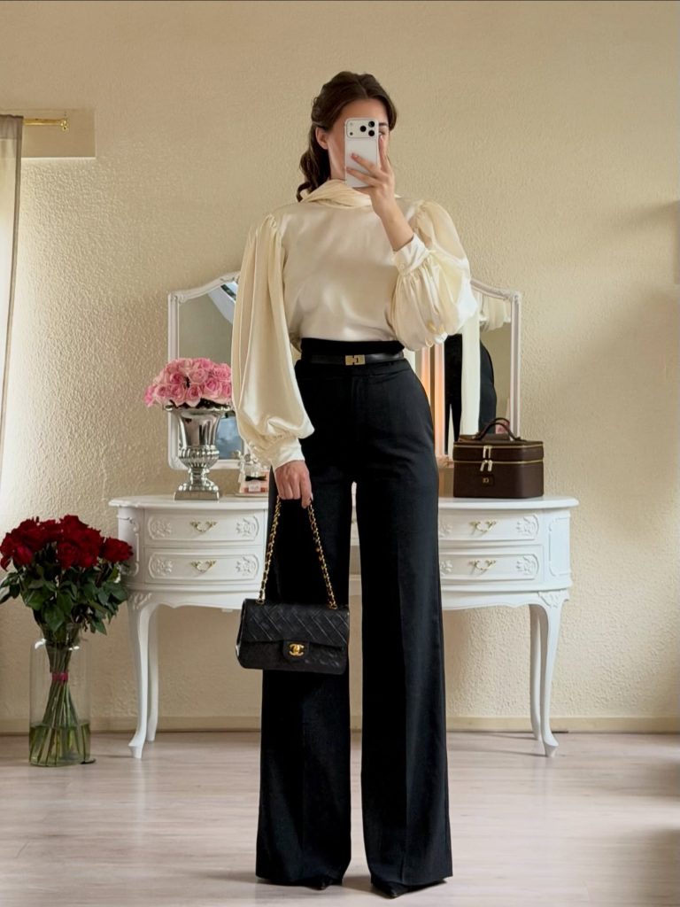 Cream Puff-Sleeve Blouse + High-Waisted Black Trousers + Gold-Buckle Belt