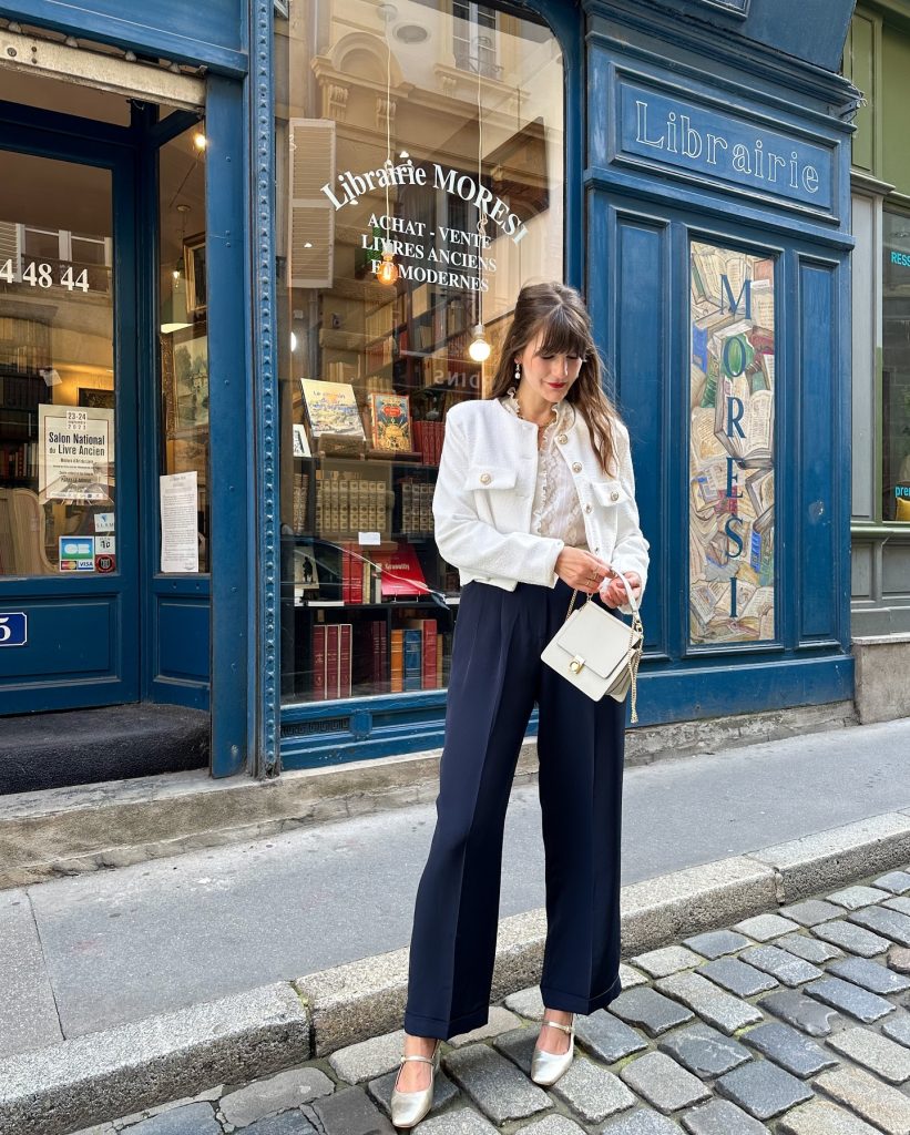 White Tweed Jacket + Ruffled Blouse + Navy Wide-Leg Pants