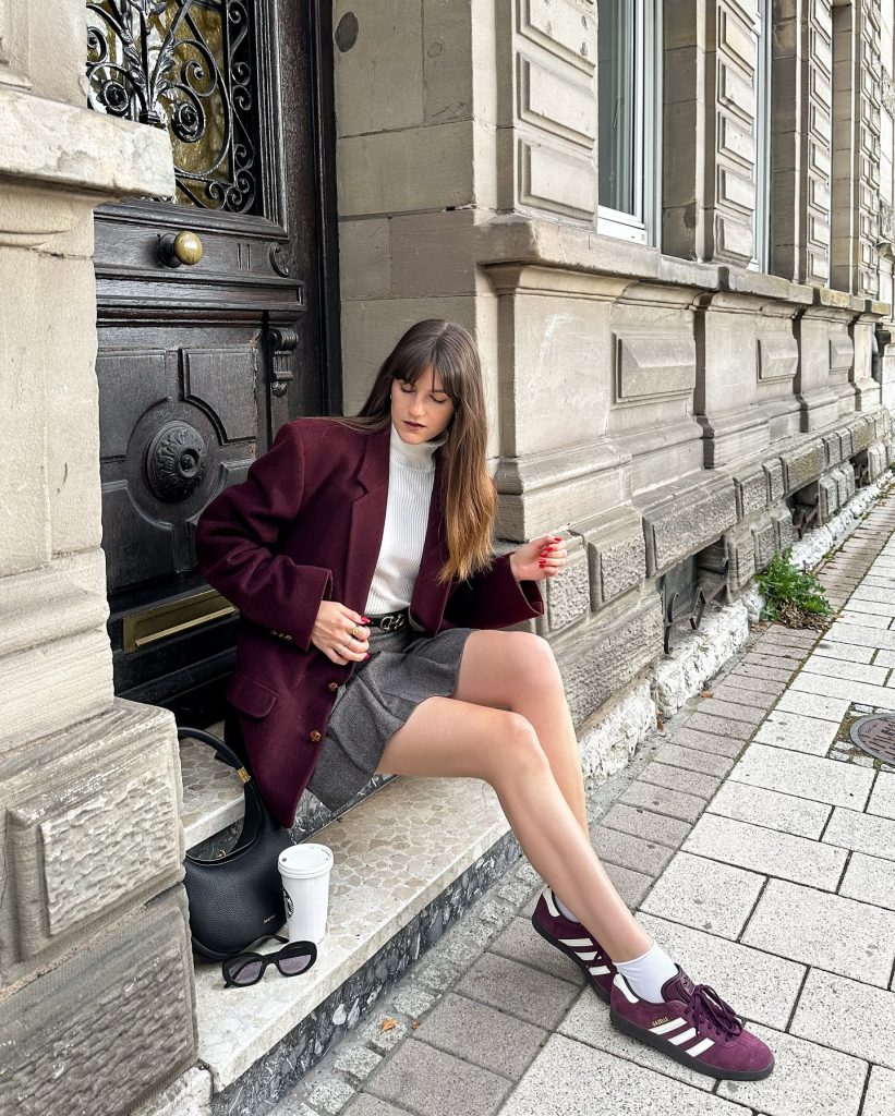 Burgundy Oversized Blazer + White Turtleneck + Grey Wool Skirt
